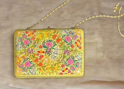 Paper Mache Clutch with Yellow base and Hazara Floral Lacquered design