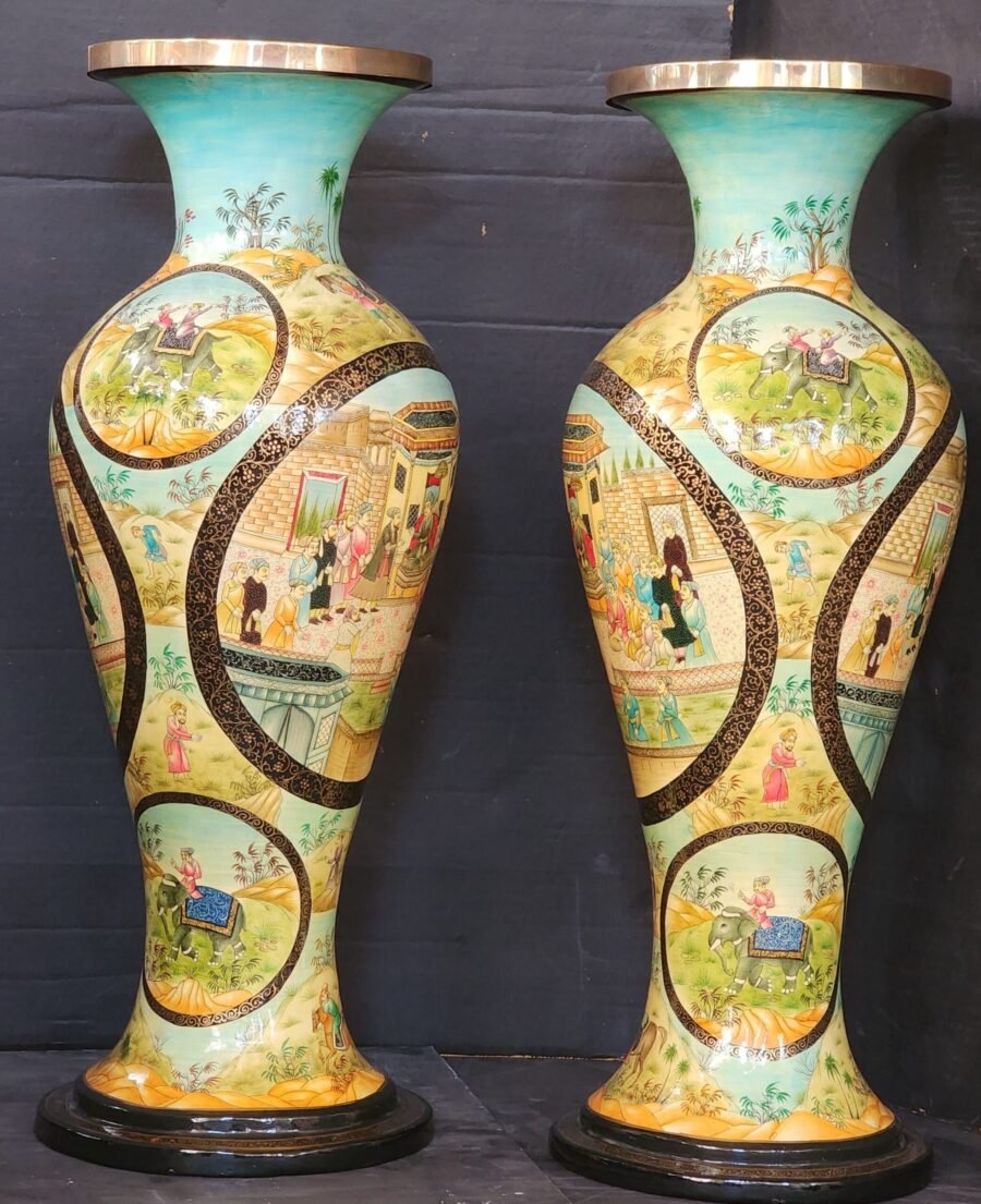 25" Tall Lacquered Floral Vase Pair - Metallic Colors on Paper Mache