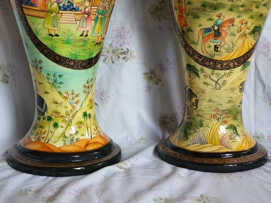 25" Tall Lacquered Floral Vase Pair - Metallic Colors on Paper Mache