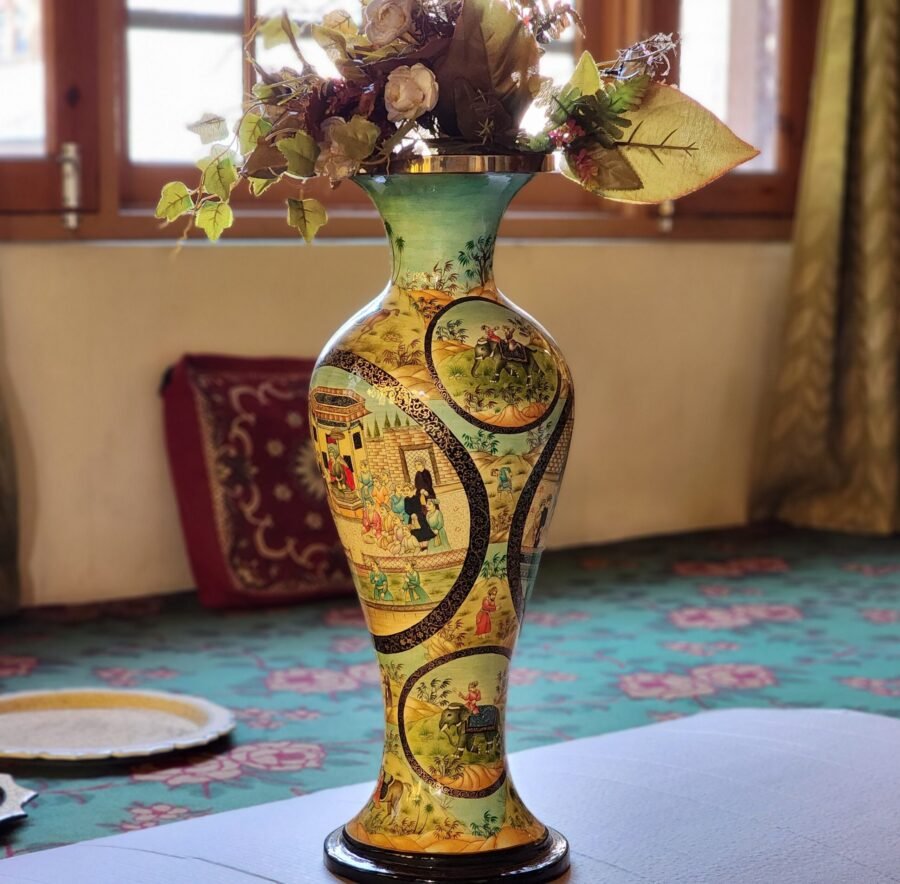 25" Tall Lacquered Floral Vase Pair - Metallic Colors on Paper Mache