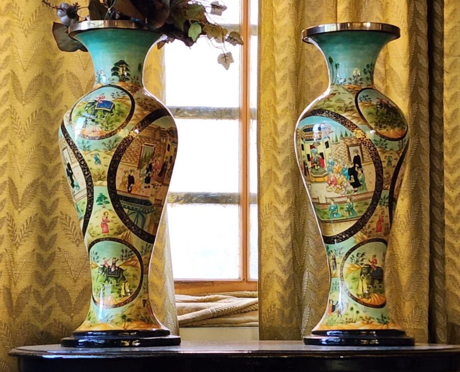 25" Tall Lacquered Floral Vase Pair - Metallic Colors on Paper Mache