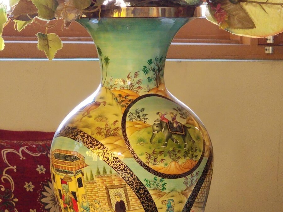 25" Tall Lacquered Floral Vase Pair - Metallic Colors on Paper Mache