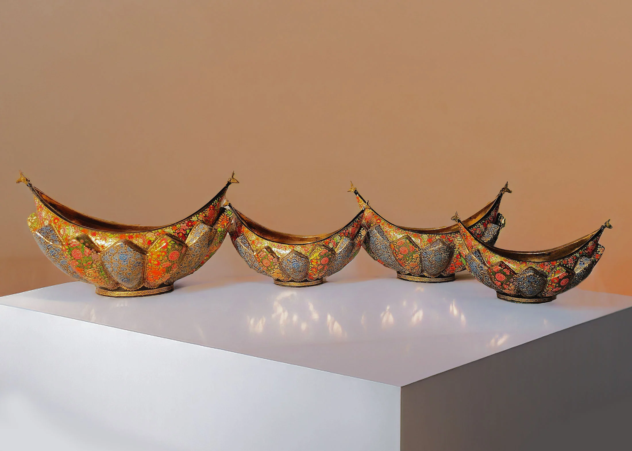 Paper Mache and Brass Fruit Bowls Set Description: Elevate your home or office decor with our stunning set of four Paper Mache and Brass Fruit Bowls