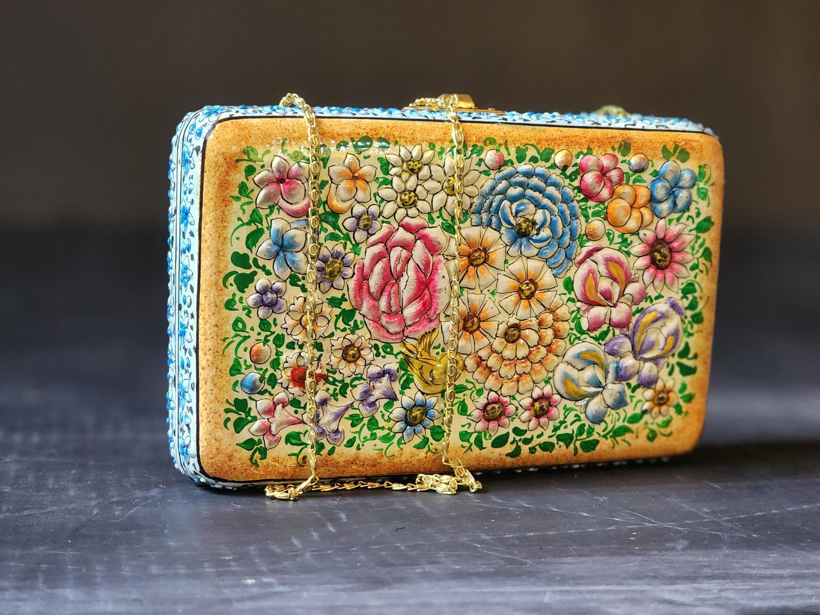 Clutch-Handcrafted in Kashmir-Paper Mache Clutch with Embossed Floral  Lacquered Art-8 inch - Kashmir Expo