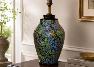 Floral Artistic Lamp Base - Handcrafted blue paper mache with mid-century art deco design