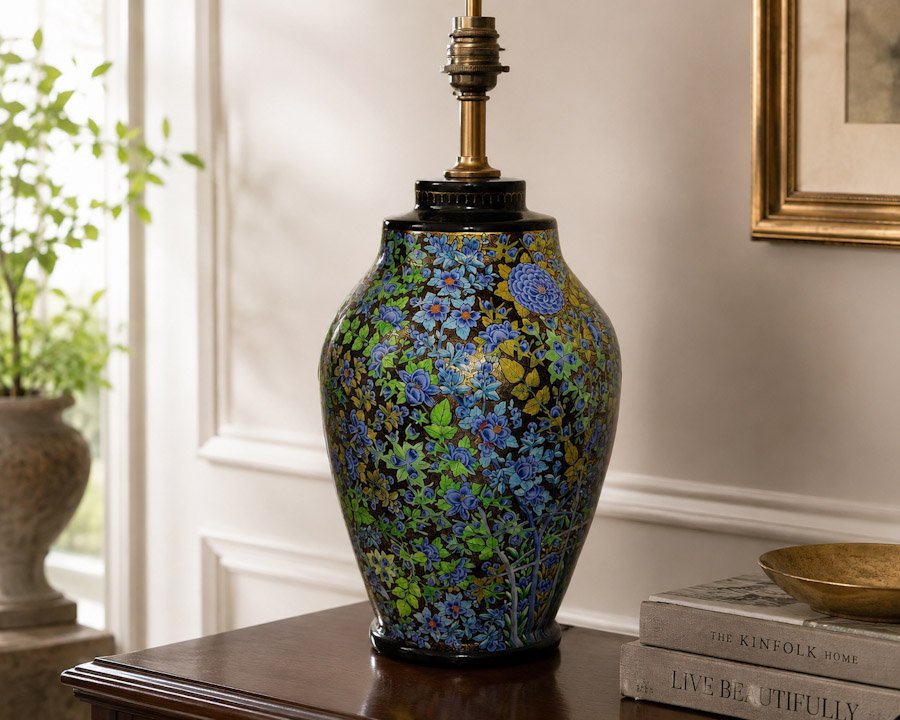 Floral Artistic Lamp Base - Handcrafted blue paper mache with mid-century art deco design