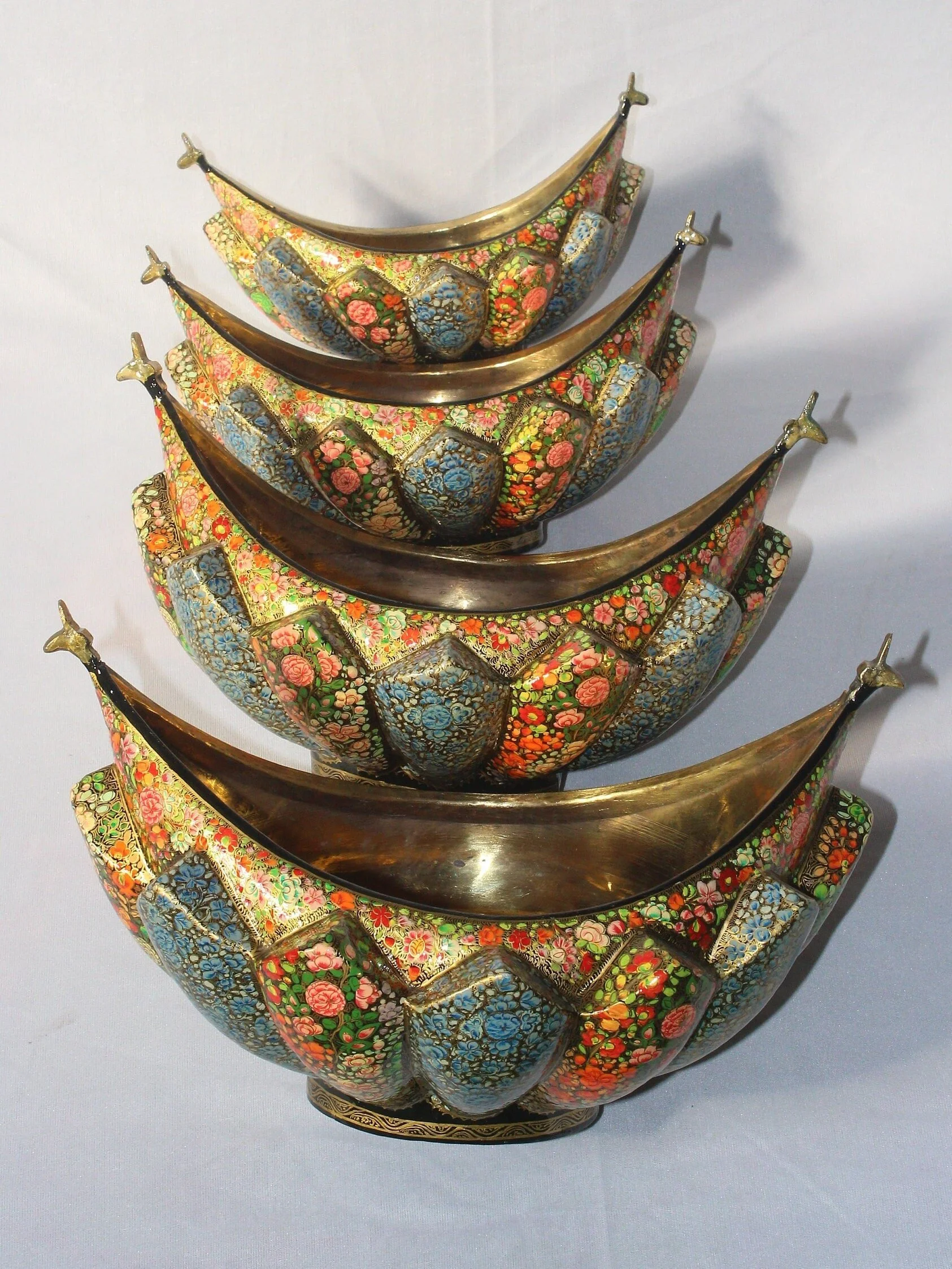 Exquisite Paper Mache and Brass Fruit Bowl Set with Floral Motifs - Set of 4