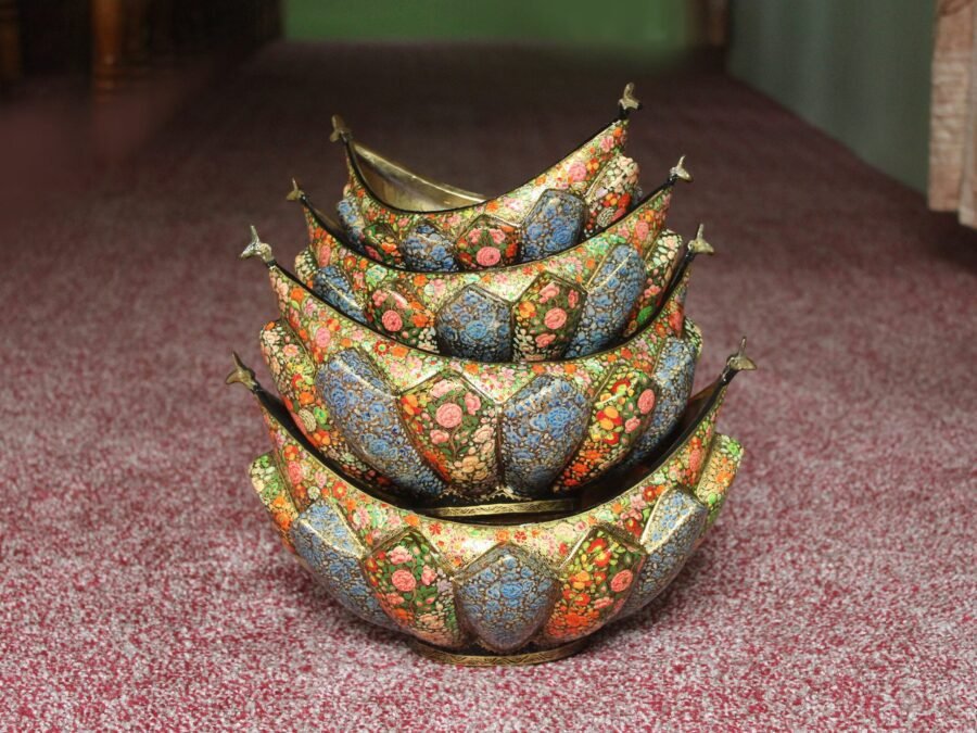 Exquisite Paper Mache and Brass Fruit Bowl Set with Floral Motifs - Set of 4