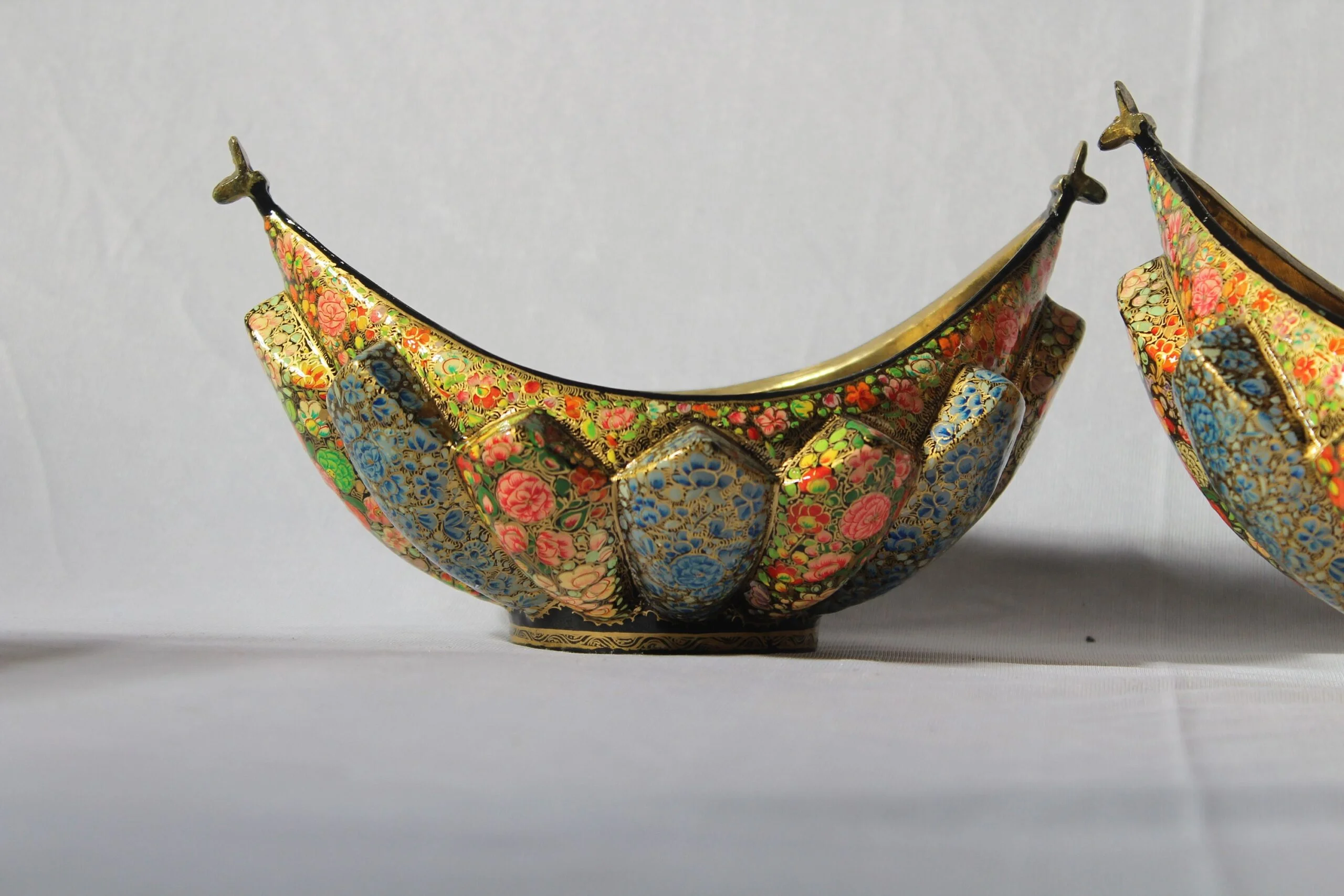 Exquisite Paper Mache and Brass Fruit Bowl Set with Floral Motifs - Set of 4