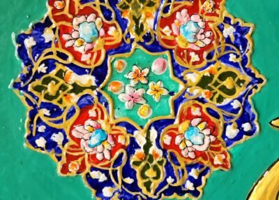 Hand-Painted Indo-Persian Wooden Panel - Geometric Floral with Roses
