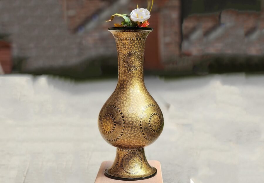 Handmade Kashmiri vase Papier Mache - 16'' Tall with Gold Chinar Leaf Painting, Perfect for Bedroom Decor or Wedding Gift