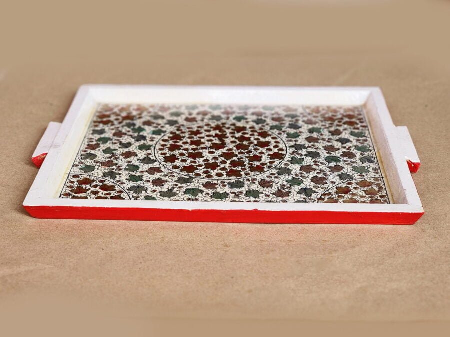 Handmade White Floral Paper Mache Tray - Elegant Kitchen Decor and Serving Platter