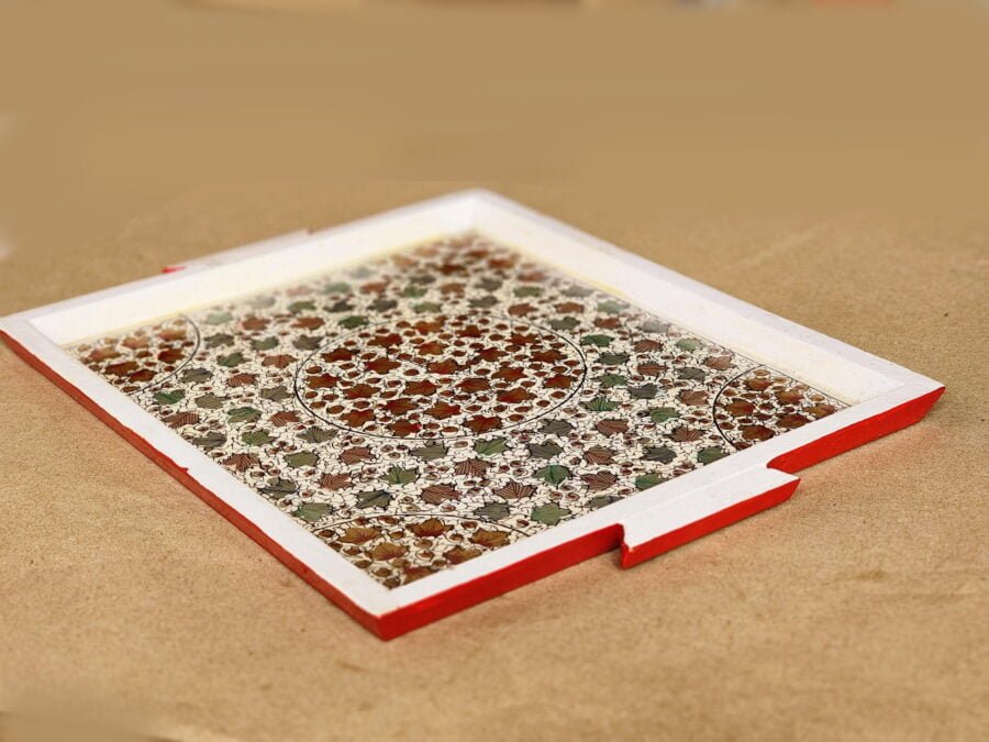 Handmade White Floral Paper Mache Tray - Elegant Kitchen Decor and Serving Platter