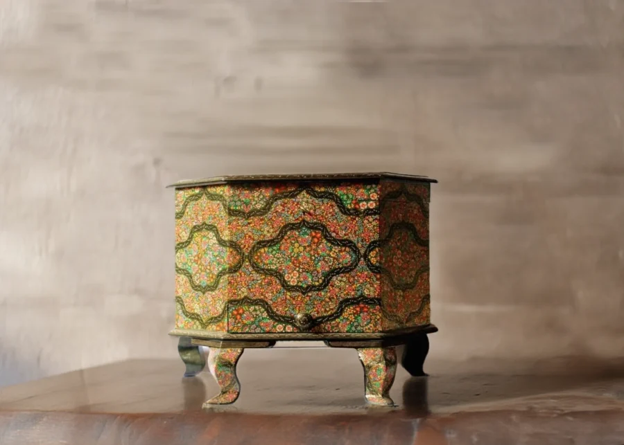 Handmade Jewelry Trunk, table desk with real gold art, a perfect bedroom piece-