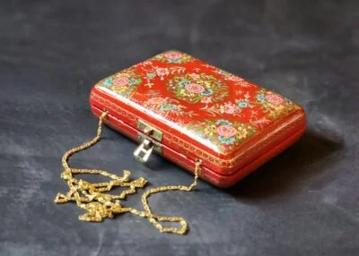Kashmir Papier Mache Clutch with Red base and Hazara Floral Lacquered design