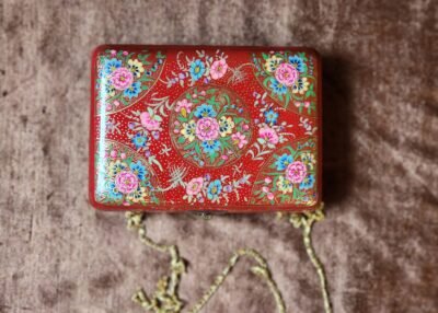 Kashmir Papier Mache Clutch with Red base and Hazara Floral Lacquered design