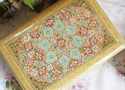 Personalized Bridesmaid gift box and Groomsmen Gifts: Handmade Paper Mache Box with Kashmir Carpet Art and Lacquered Finish