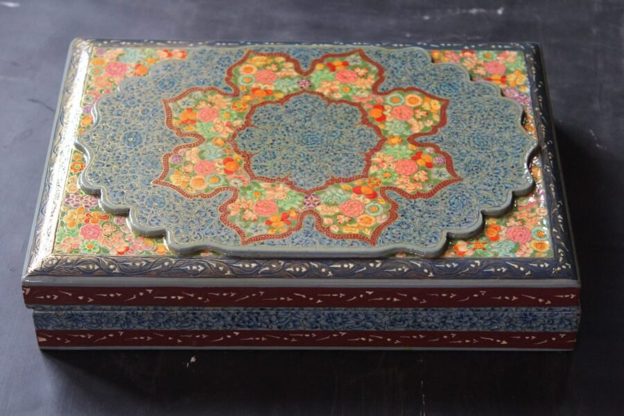Real Gold Hazara Floral Art Lacquer Box - 10'' x 7'' x 2'' - Handcrafted Paper Mache from Kashmir