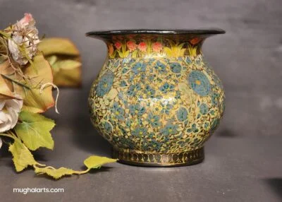Vintage Real Gold Antique Round Vase - Handmade Paper Mache Painted in Kashmir India, Perfect for Housewarming and Vintage Decor (1990s)