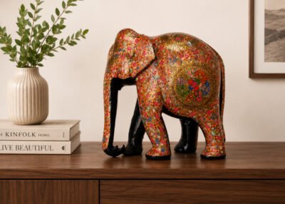 Minimalist interior with decorative elephant sculpture