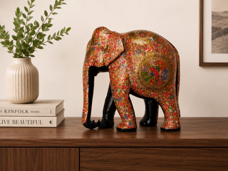 Minimalist interior with decorative elephant sculpture