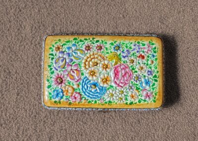 Clutch-Handcrafted in Kashmir-Paper Mache Clutch with Embossed Floral Lacquered Art-8 inch