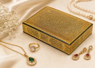 Golden custom jewelry case gift for her chinar leaf art lacquer painted-