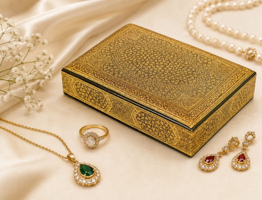 Golden custom jewelry case gift for her chinar leaf art lacquer painted-