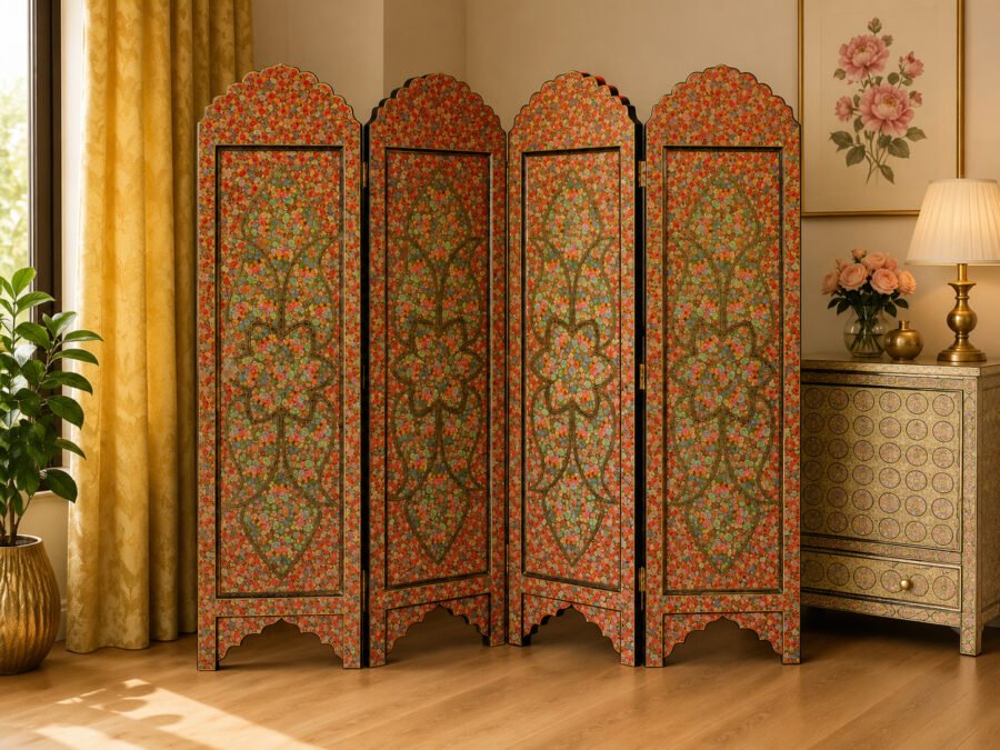 wall divider floral blue2 Floral Wooden Room Divider - Dual Art Themes, Floral Masterpieces-paper mache Kashmir