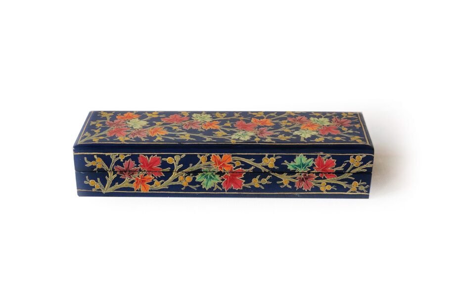 Handcrafted Chinar Pencil Box in Paper Mache with Multi-Color Leaves Design on Blue Background
