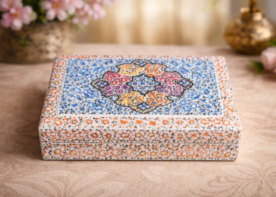Hand-Embossed
Papier Mache Box with Velvet Lining – Multicolor Art (10 × 7 Inch)