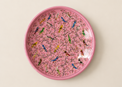 Pastel Birds on Decorative Plate – Handmade 12" Round Pink Decorative Tray