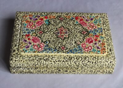 Elegant
Ivory Embossed Kashmiri Jewelry Box – Floral Geometric Art with Velvet
Interior