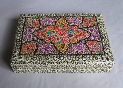 Vibrant
Embossed Kashmiri Art Jewelry Box – Multicolor Geometric Masterpiece with
Velvet Interior
