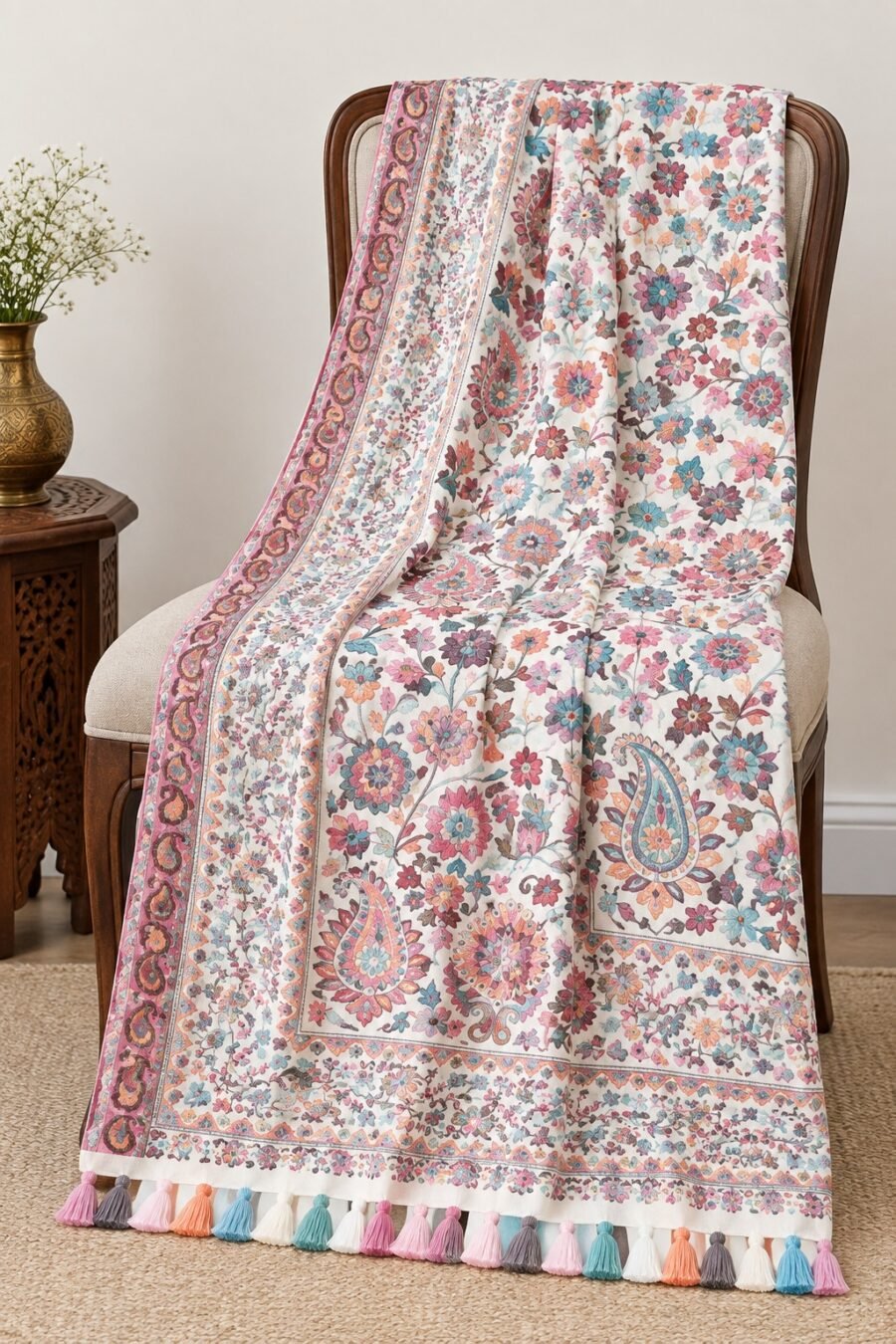 Hand-Embroidered Kashmiri Floral Stole with Pastel Tassel Fringes – Multi-Color