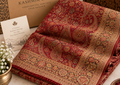 Red jamawar bridal shawl with zari border