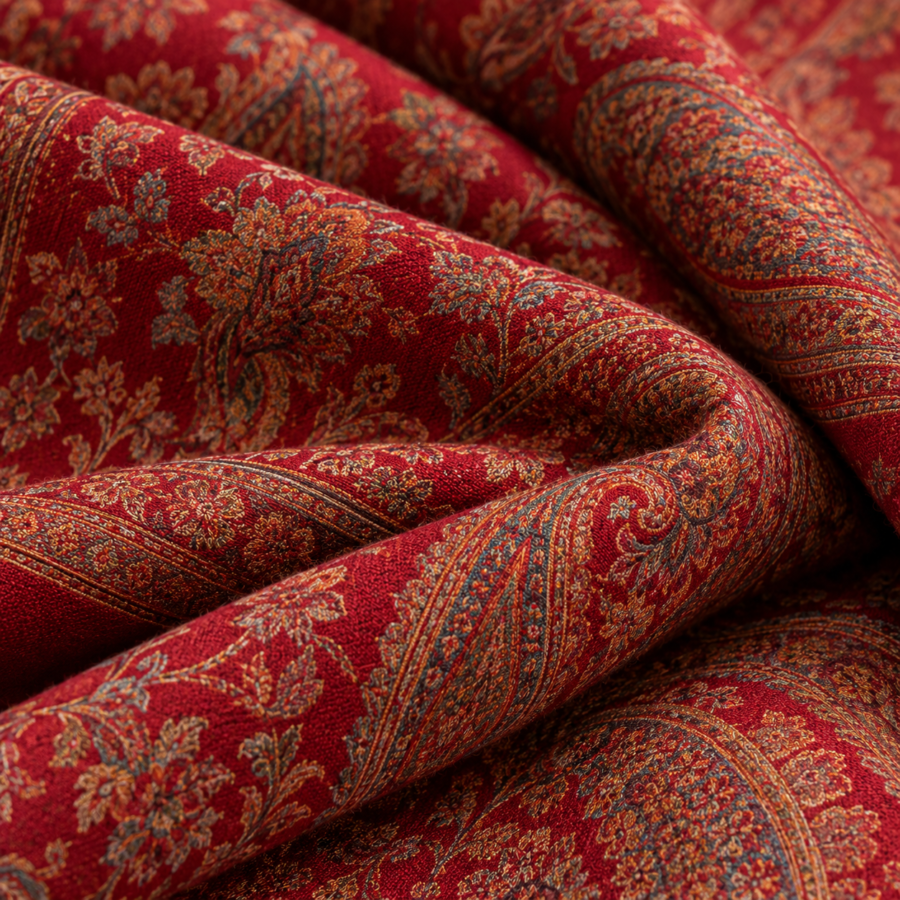 Close-up of red jamawar paisley weave pattern