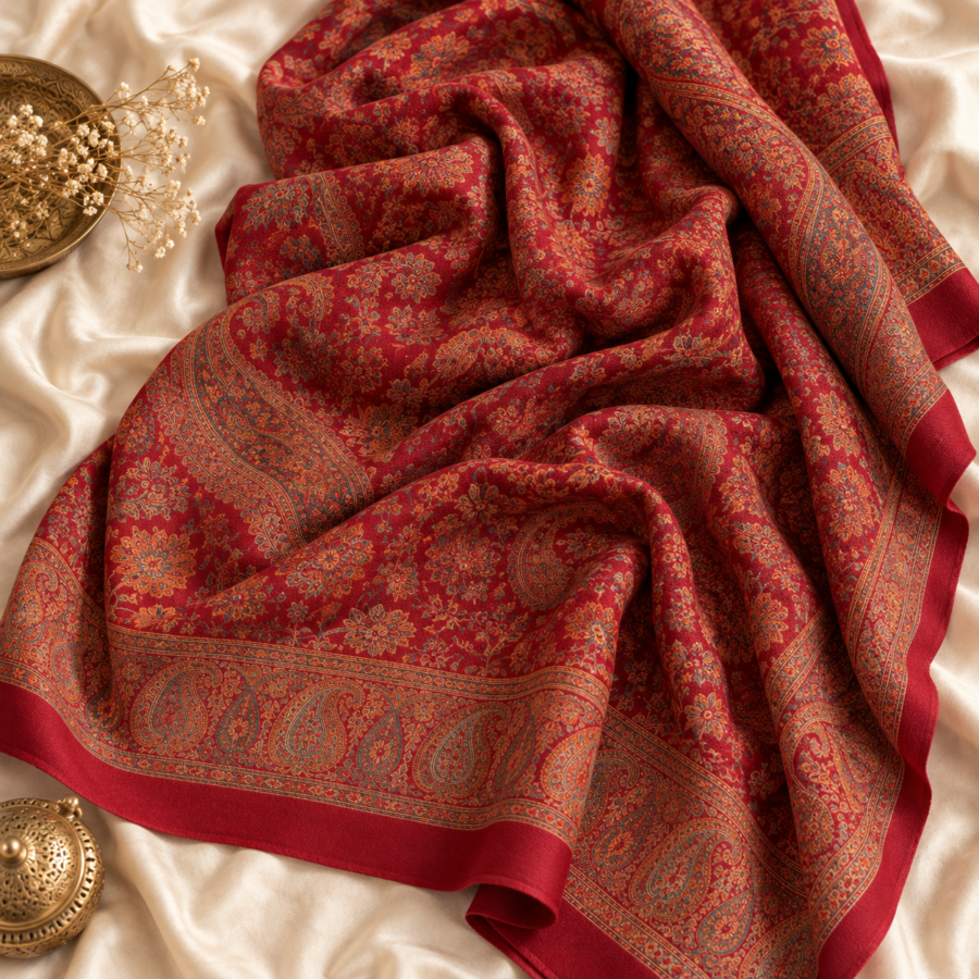 Red jamawar bridal shawl styled as a flat lay
