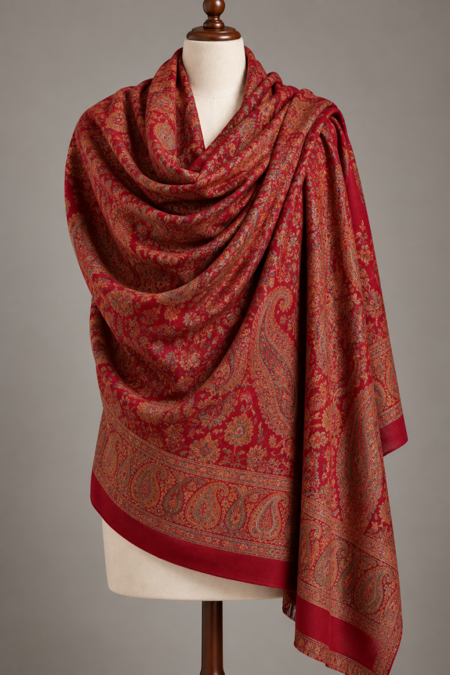 Red jamawar bridal shawl draped on a mannequin