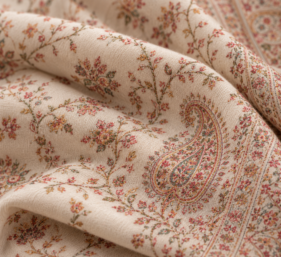Close-up of delicate ivory sozni embroidery