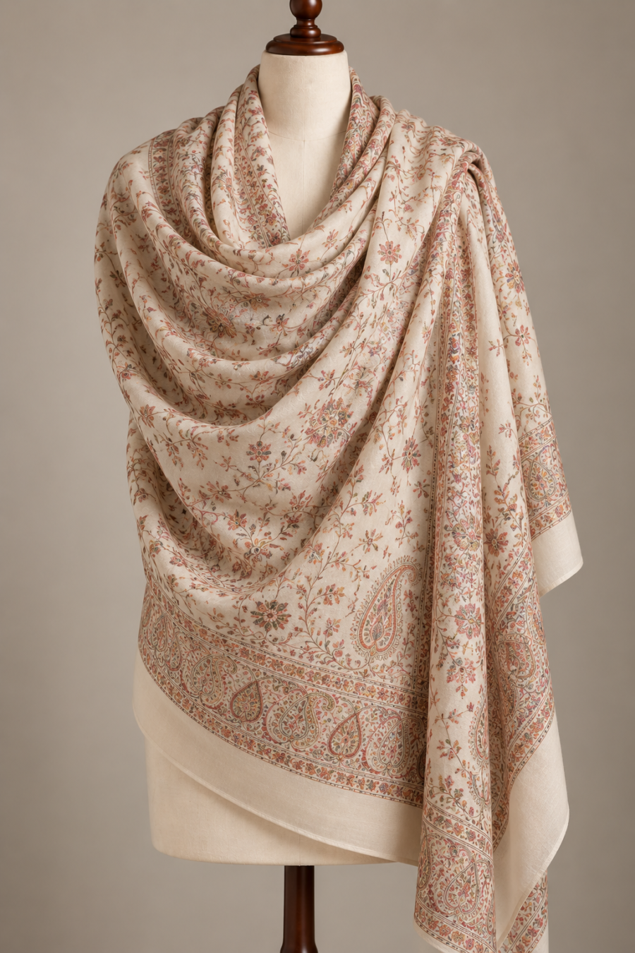 Ivory sozni bridal pashmina stole draped on a mannequin