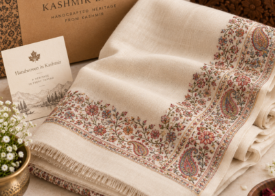 Ivory pashmina bridal stole with sozni embroidery