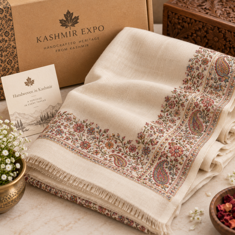 Ivory pashmina bridal stole with sozni embroidery