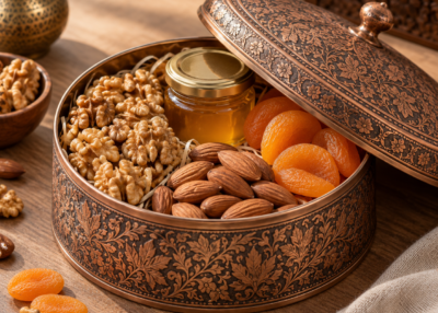 Gift tin with walnuts, almonds, apricots and acacia honey jar