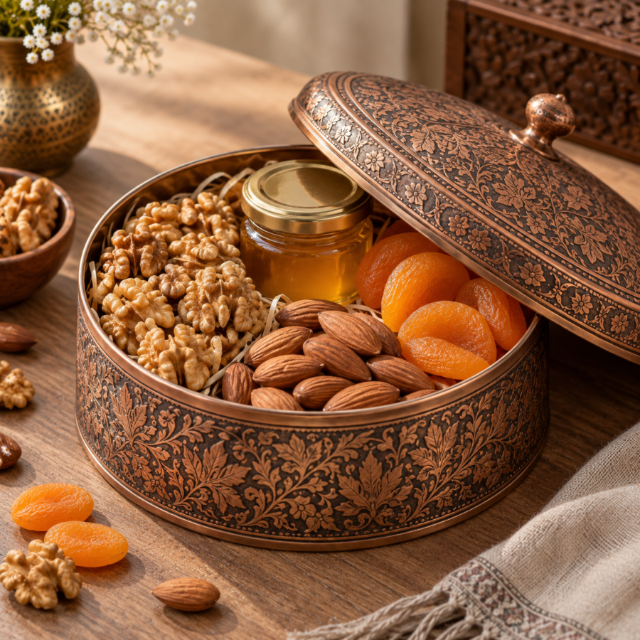 Gift tin with walnuts, almonds, apricots and acacia honey jar