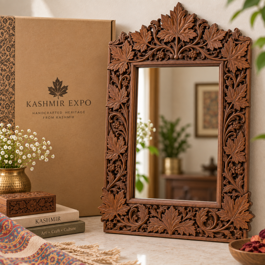 Hand-carved walnut mirror frame with deep-relief chinar motif