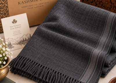 Charcoal grey pure pashmina lohi wrap for men with brushed finish