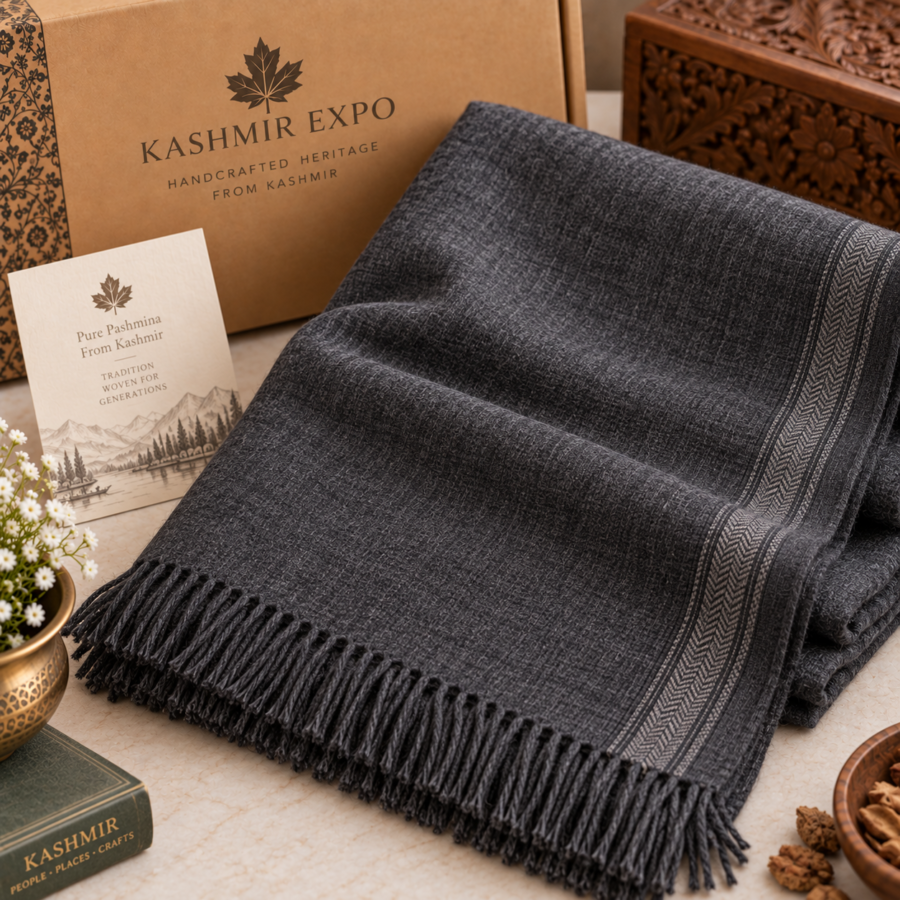 Charcoal grey pure pashmina lohi wrap for men with brushed finish