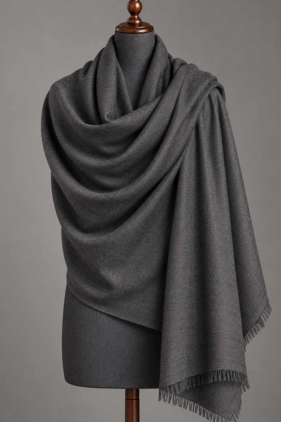 Men's charcoal pashmina lohi draped on a mannequin