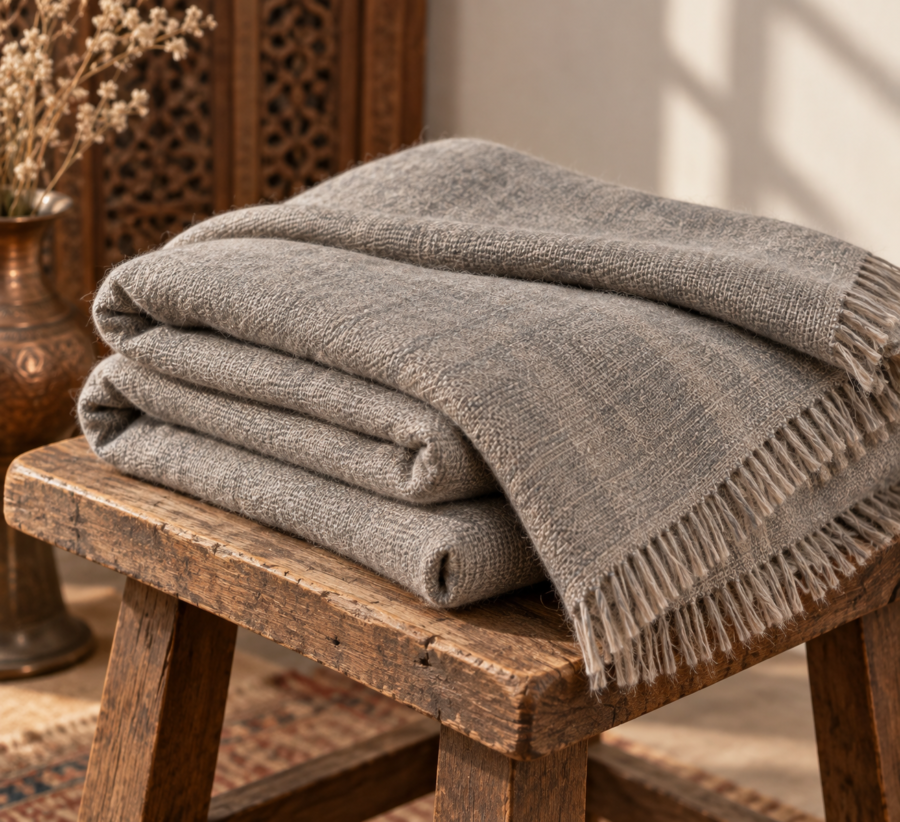 Grey wool lohi folded on a rustic wooden stool